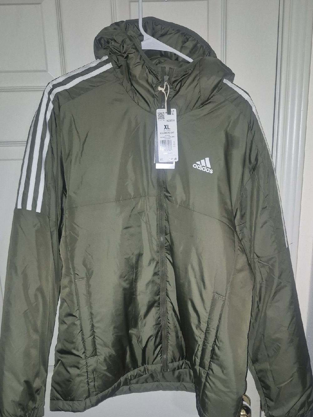 Adidas Men’s XL Olive Green Full Zip Hooded Puffer Jacket White Stripes NWT
